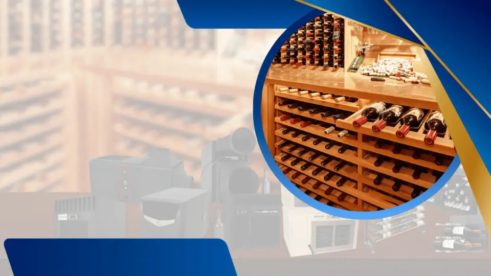Premium wine cellar display with wooden wine racks and bottles, highlighting professional storage and cooling solutions from Wine Cellar Authority.