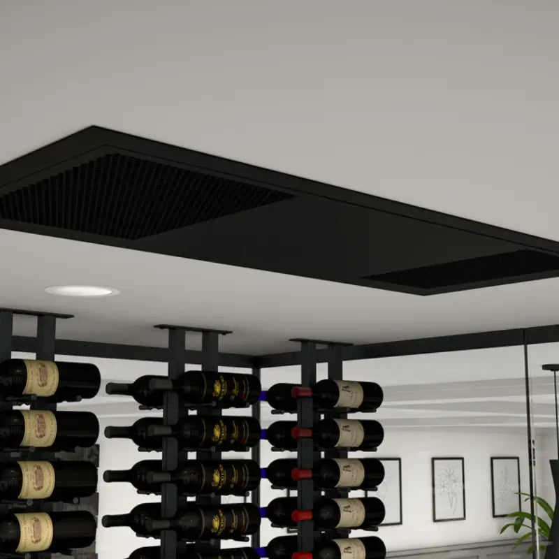 Black ceiling-mount 8000 grille set into a cellar ceiling above metal racking