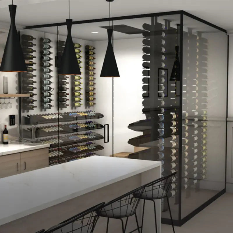 Glass wine room with the ceiling-mount 8000 above black racking and pendant lighting