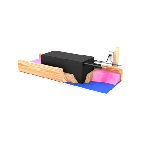 Cutaway of the ceiling unit seated between joists with insulation and outlet