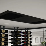 Black ceiling-mount evaporator panel recessed above metal racking