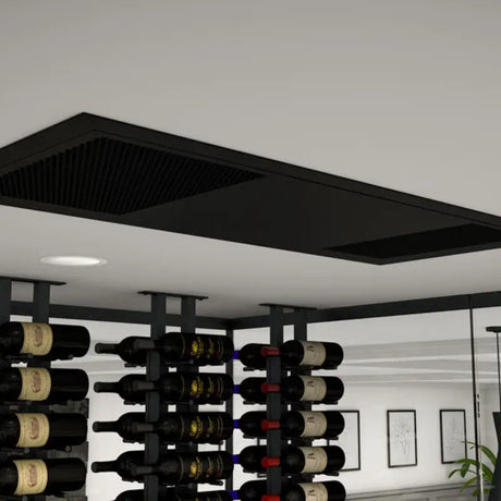 Black ceiling-mount 8000 grille set into a cellar ceiling above metal racking
