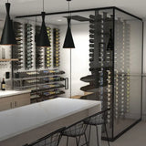 Glass wine room with the ceiling-mount 8000 above black racking and pendant lighting