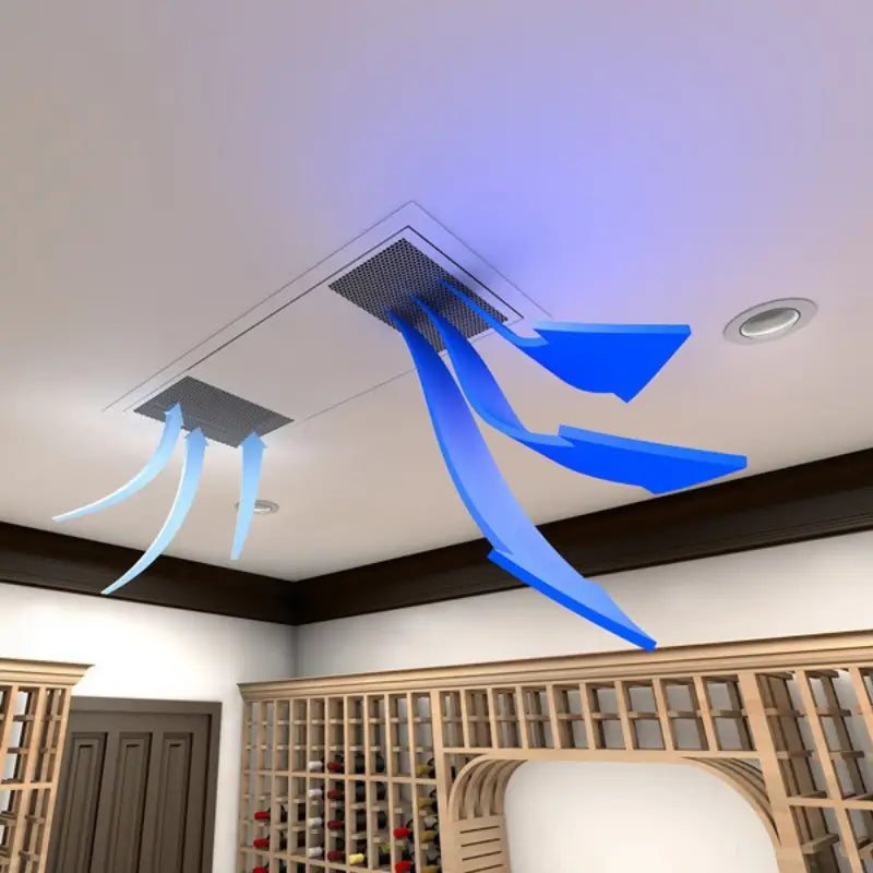 WhisperKOOL Ceiling Mount 8000 airflow diagram: supply air out of the ceiling panel and return air back in