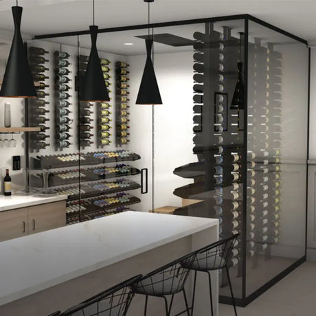 WhisperKOOL Ceiling Mount 8000 cooling a glass wine room off a kitchen, evaporator recessed in the ceiling