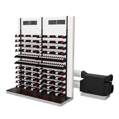 Cutaway of a wine wall with the Extreme 5000tiR mounted outside the room and ducted through the wall