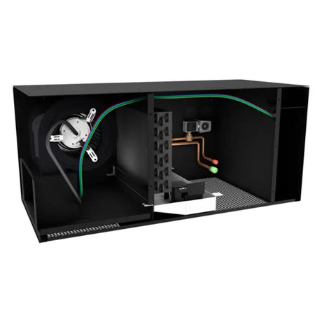 Cutaway of the Mini ceiling unit showing blower wheel, coil and refrigerant tubing