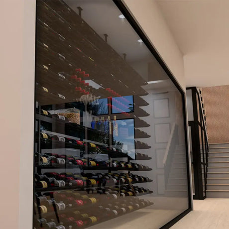 Glass-walled cellar beside a staircase, racking lit behind the glazing