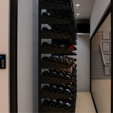Narrow cellar aisle with the Platinum Split 4000 mounted at the far end above the racking