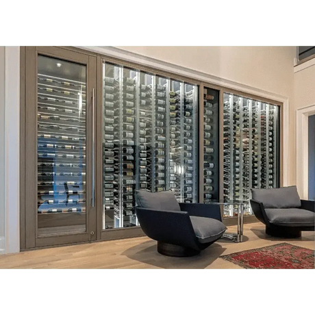 Glass-fronted wine wall with metal peg racking in a living room, cooled by a Wine Guardian cabinet system
